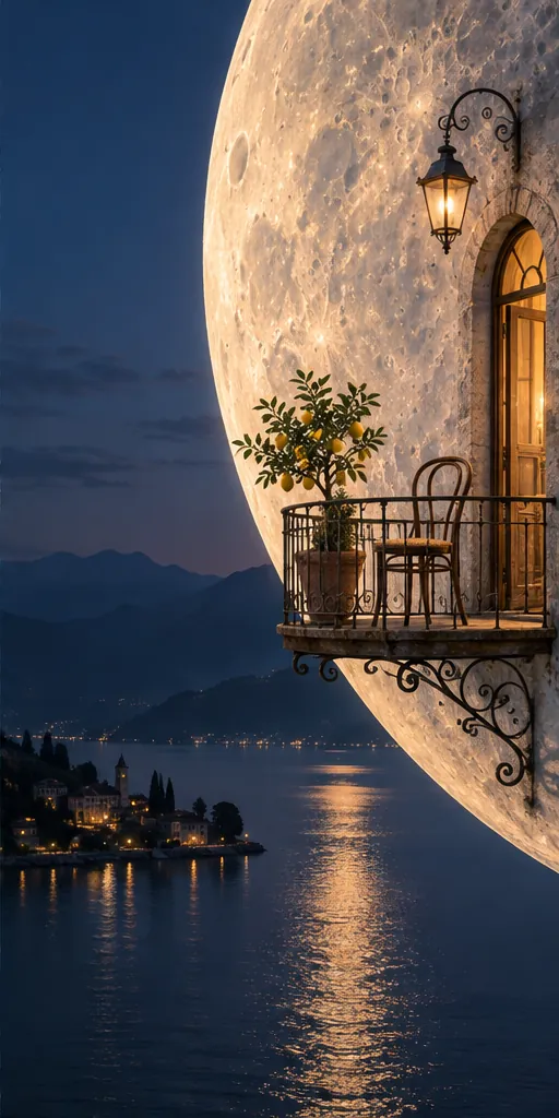 The full moon hangs over a lakeside town at night with a lantern, a doorway and a small balcony built into its side.