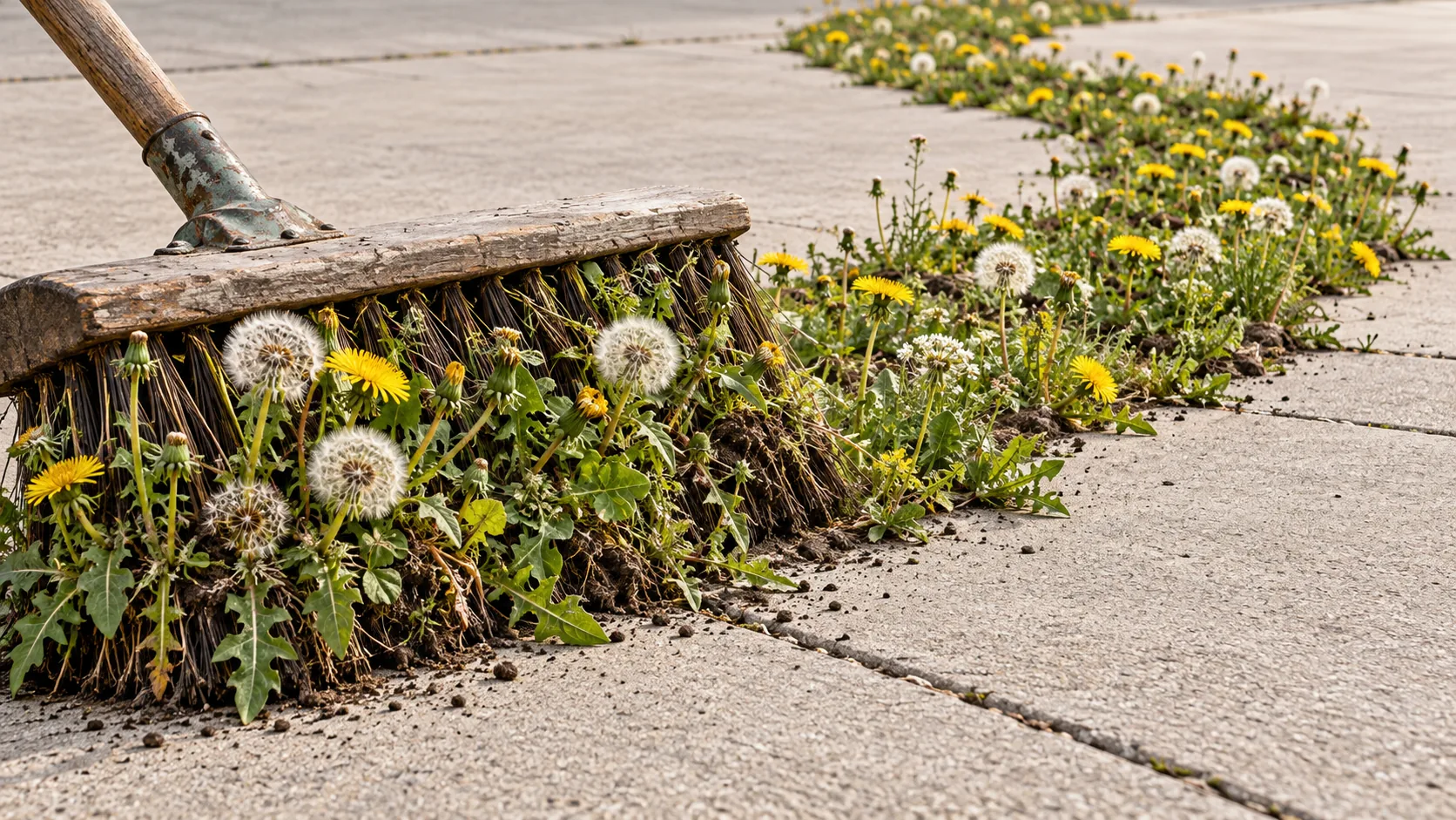 A push broom on a concrete path has rooted and flowered, dandelions growing out of its head and all along the line it swept. It left the job half done and the path half meadow.