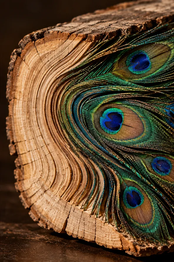 A cut log reveals the eyes of peacock feathers in its grain, curving through the rings in blue and green.