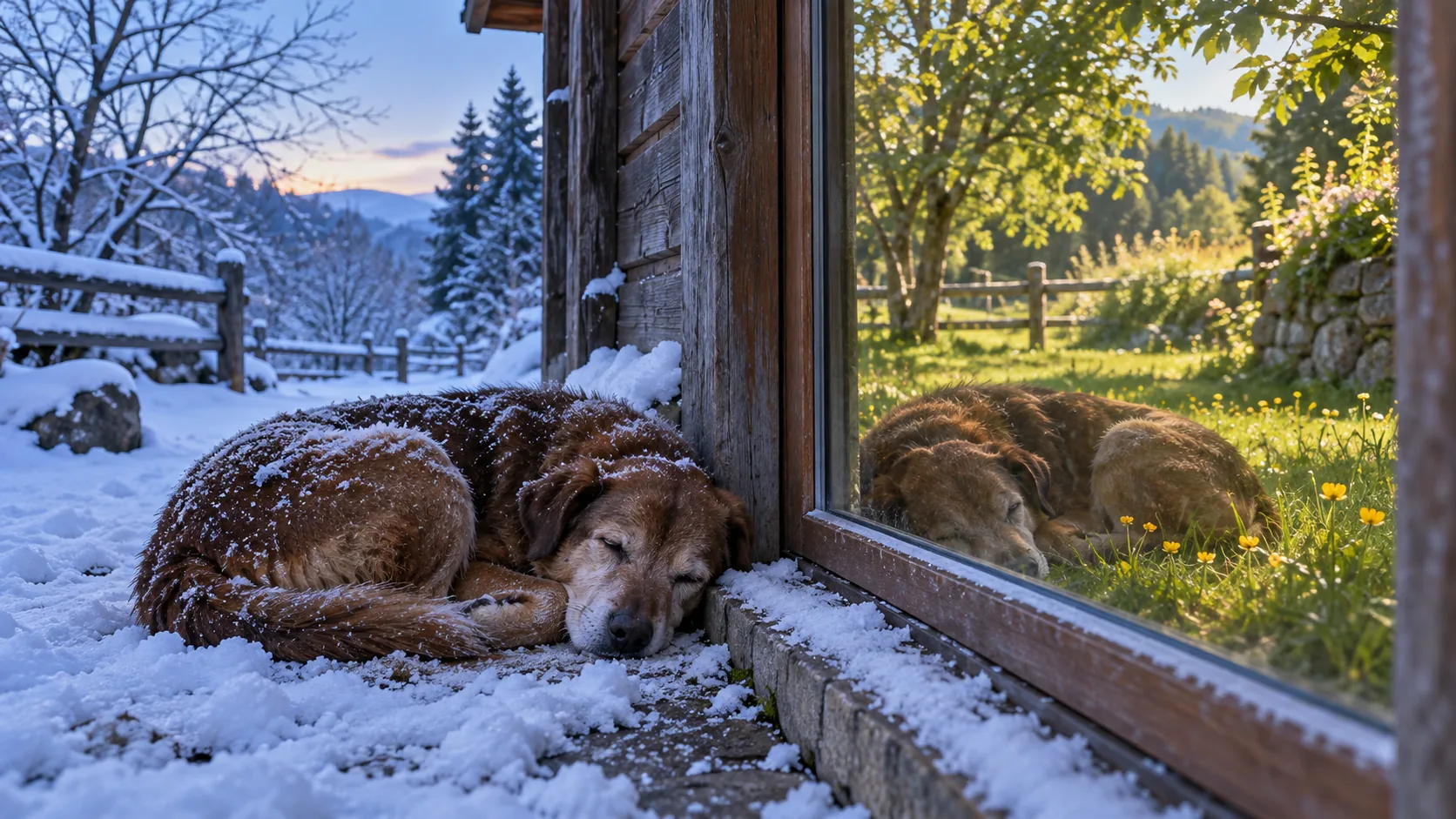 An old dog sleeps curled in the snow against a cabin wall, and in the window beside it the same dog sleeps on green summer grass. The reflection got the better deal.