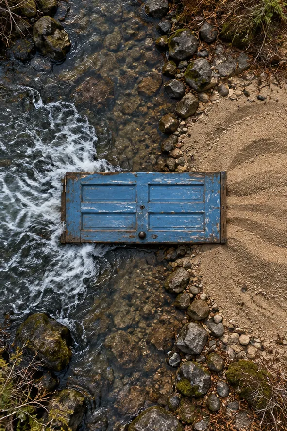 Seen from above, a weathered blue door lies flat where a rushing stream meets a patch of smooth sand, the water stopping neatly at its edge. It doesn't open. It does, apparently, work.