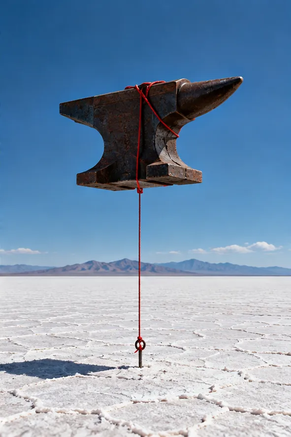 A heavy iron anvil floats in a clear blue sky, held down by a red cord tied to a stake in a white salt flat. Better safe than airborne.