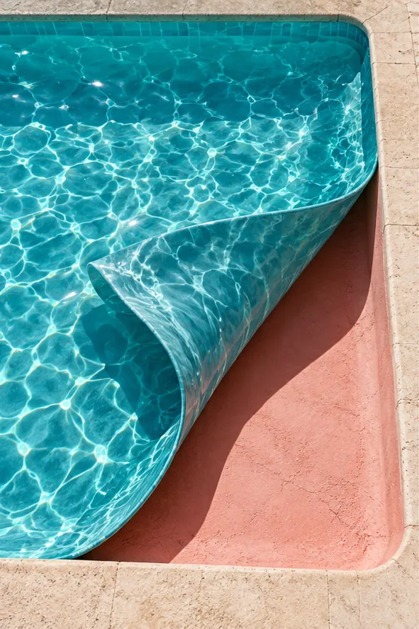 The water of a turquoise swimming pool curls up at one corner like a sheet, showing the pink floor underneath.