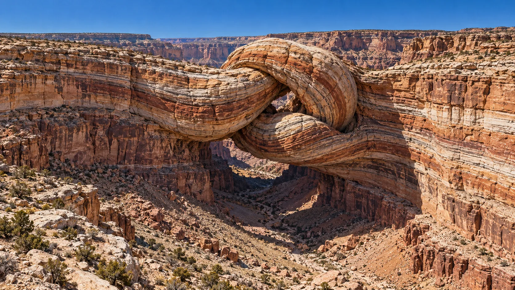 A red-rock canyon whose striped cliffs loop over and through each other in a single enormous knot. Millions of years of layers, and it still couldn’t decide which way to go.