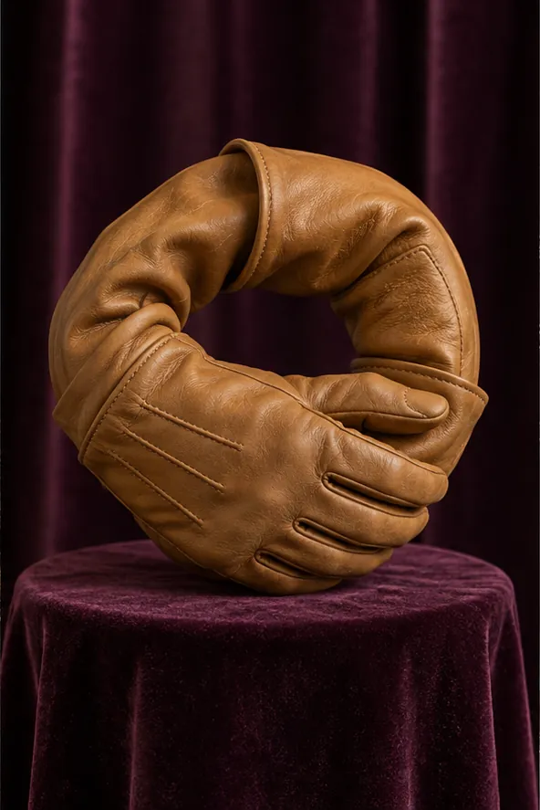 A pair of tan leather gloves on a velvet plinth bends into a loop, one glove's fingers gripping the other's cuff.