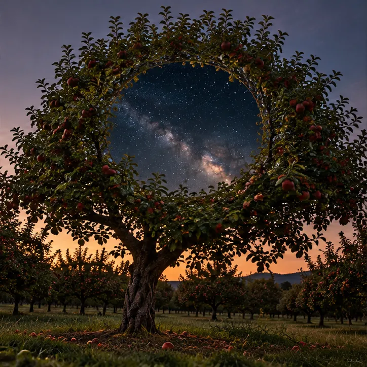 In an orchard at dusk, an apple tree's crown opens into a round window onto the starry Milky Way.