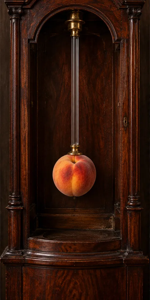 Inside a dark wooden grandfather clock, the pendulum ends in a single perfect peach instead of a brass weight. It swings, slowly, toward ready.