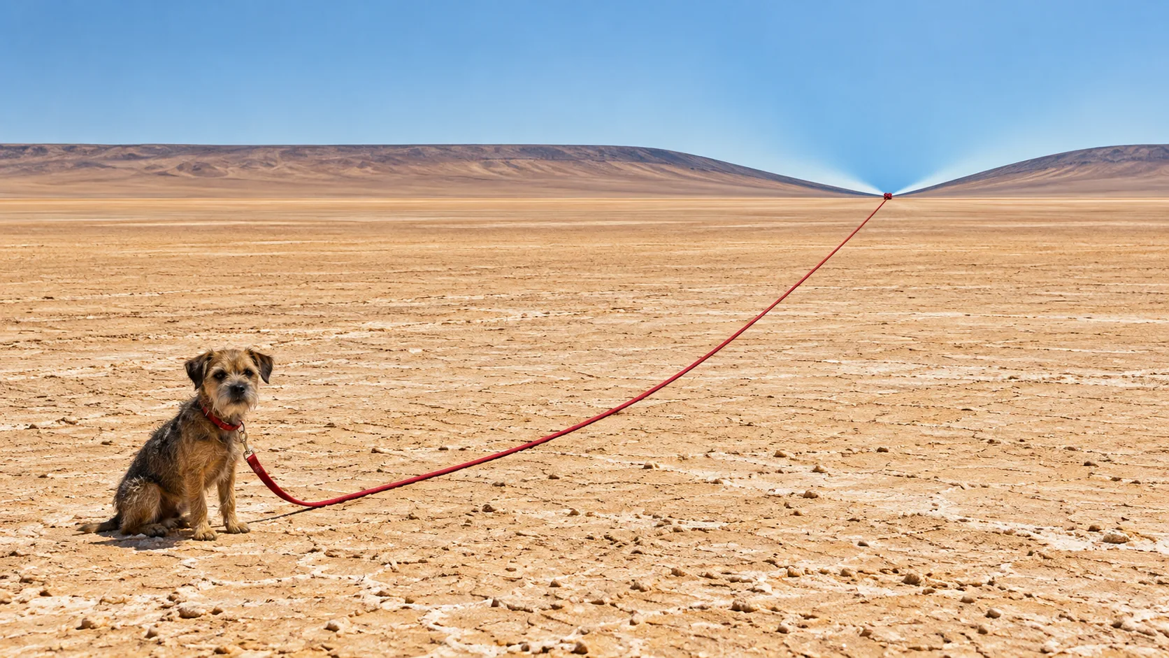 A small terrier sits on a flat, empty desert, its red lead stretched taut to a single point on the horizon. Whoever is on the other end is in no hurry.