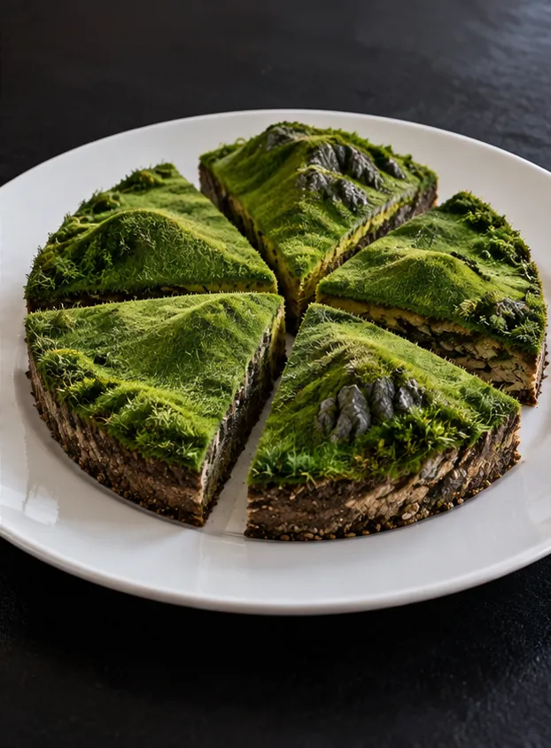 A round cake on a white plate is cut into neat wedges, each one a tiny green mountain range of moss and rock with layered earth beneath. Contains nuts, and possibly a valley.