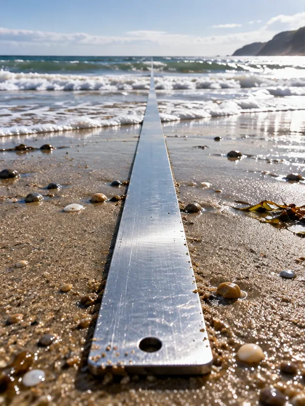 A steel ruler lies on wet sand and runs straight out into the waves, all the way to the horizon. Somebody really wanted to know.