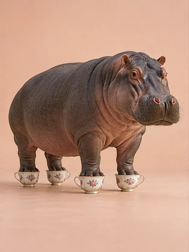 A small hippo stands on four flowered china teacups against a peach backdrop, looking pleased with itself. The cups are holding up better than expected.