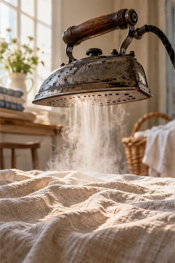 An old iron hovers over a rumpled linen bed, sifting a fine shower of white like flour or falling snow.