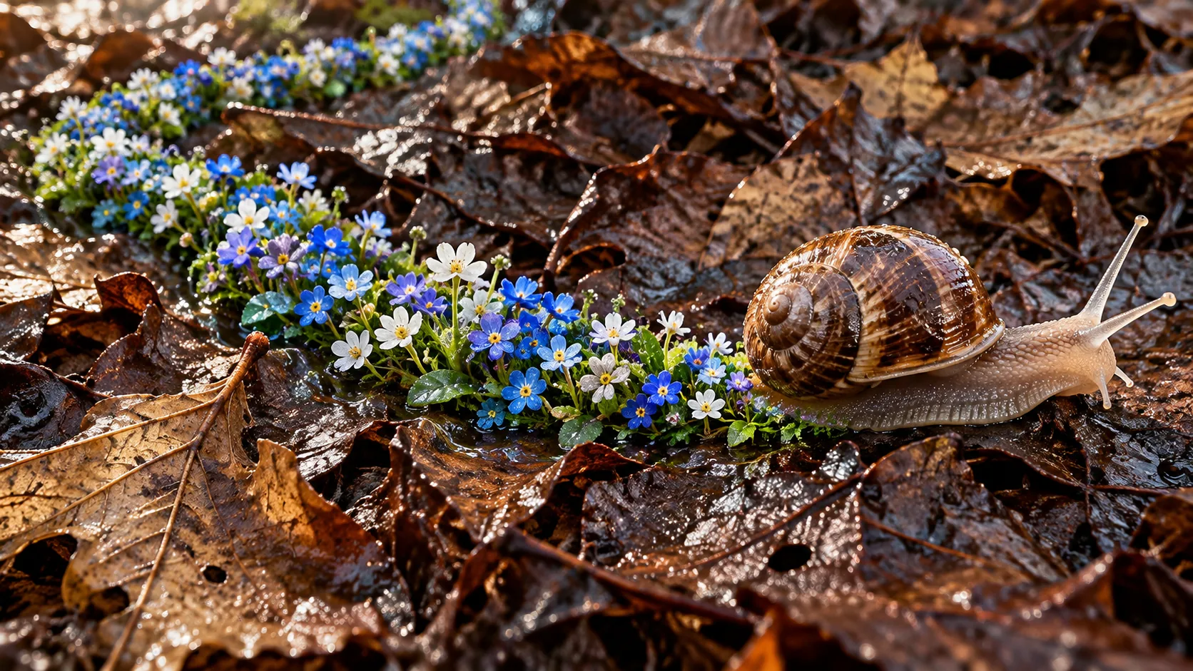 A snail crosses a bed of wet autumn leaves, and the trail behind it is a strip of blue and white flowers. Slow, but landscaping as it goes.