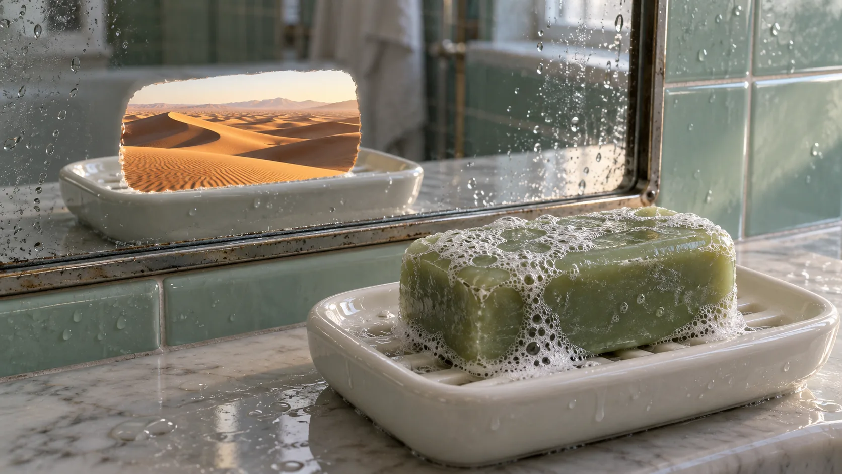 A wet bar of green soap sits on a dish by a tiled bathroom mirror, and in the mirror its dish holds a little desert of rippled dunes at sunset. Somebody's bathroom has been washing with sand.