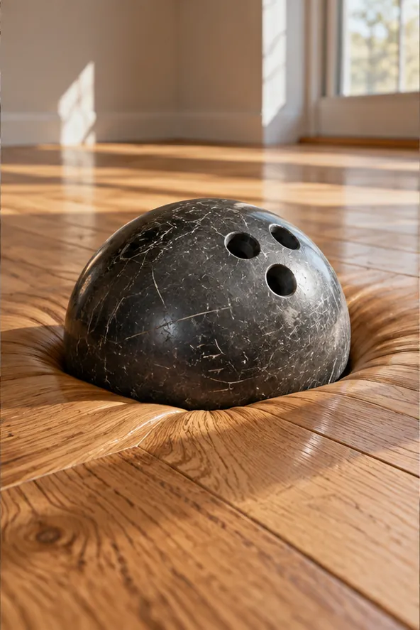 A scuffed bowling ball sinks into a sunlit oak floor as if it were a cushion, the boards rippling up around it. Nobody is keeping score.