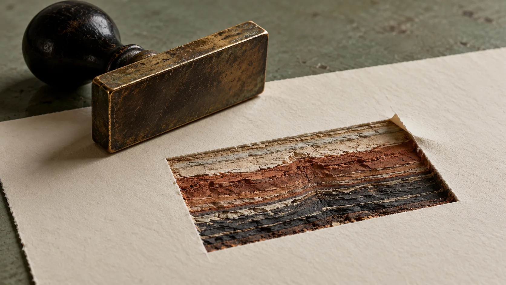 An old rubber stamp rests beside a sheet of paper whose fresh imprint is a cross-section of layered rock, red and grey strata and all. Some paperwork takes longer than others.