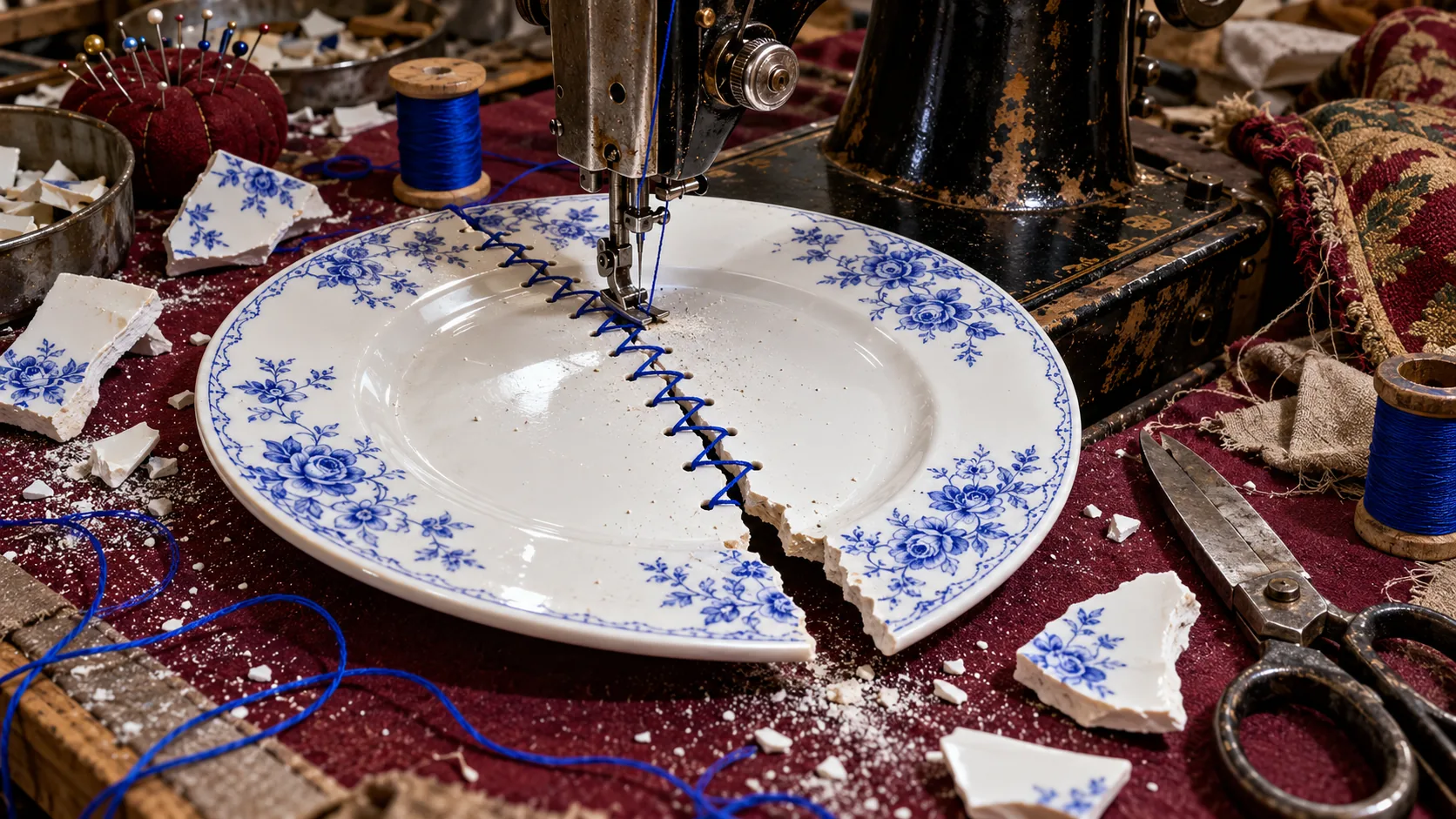 A sewing machine runs a line of blue zigzag stitches across a cracked blue-and-white plate, shards scattered over the red cloth. It will hold soup again, briefly.