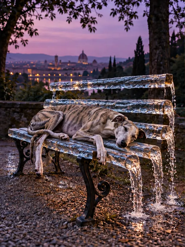 A sleepy greyhound sprawls on a park bench made of flowing water, overlooking a domed city at dusk. The bench keeps moving; the dog does not.