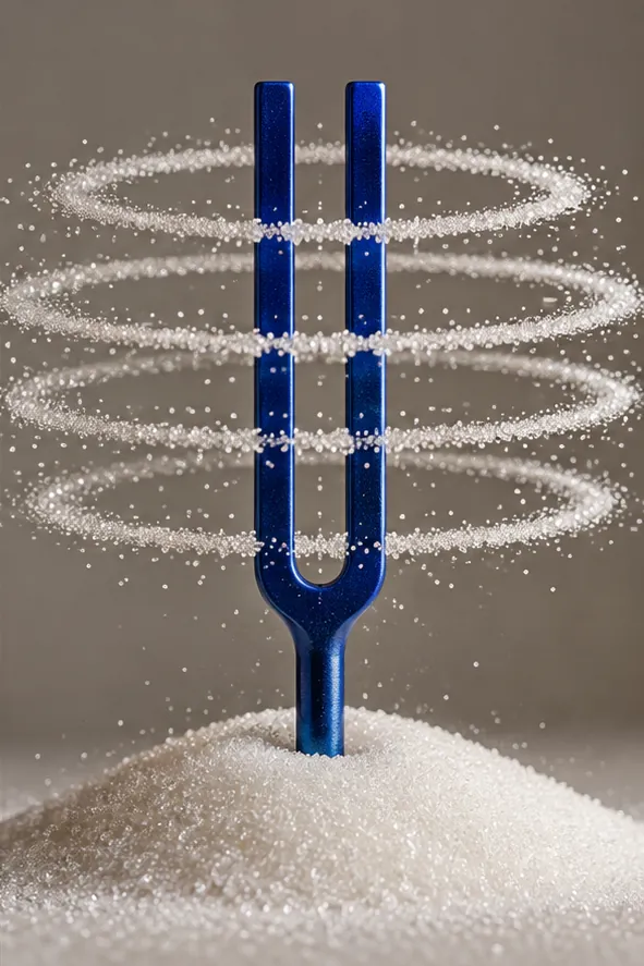 A blue tuning fork stands in a mound of white sugar, sending rings of floating grains out around it.