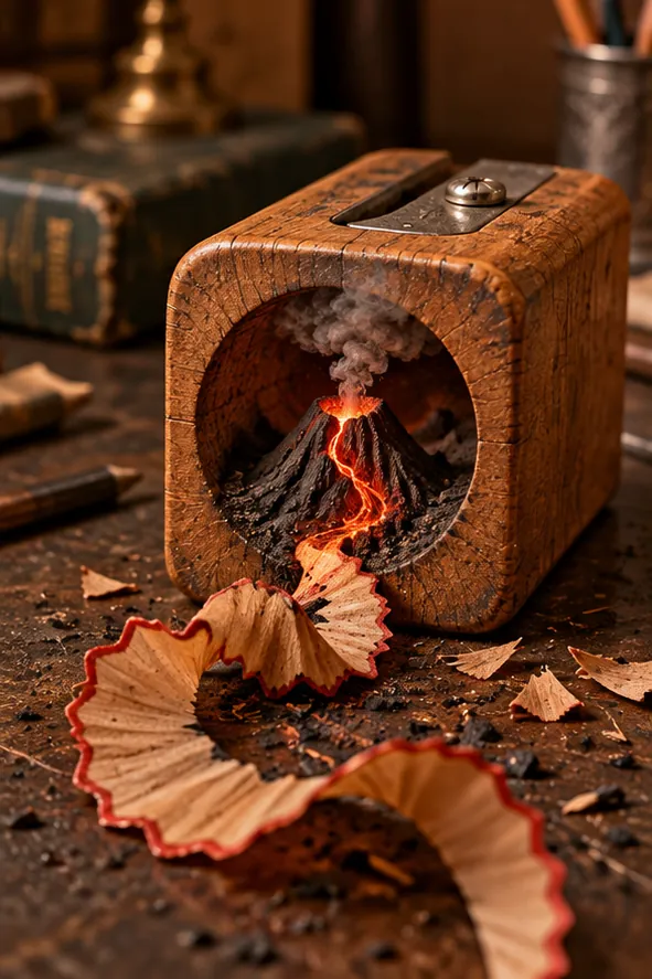 A wooden pencil sharpener holds a tiny erupting volcano, lava running out over the curled shavings.