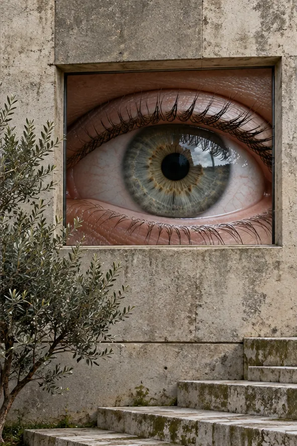 A window in a weathered concrete wall frames one enormous human eye, looking out past an olive tree and some steps. Opportunity, apparently, looks back.