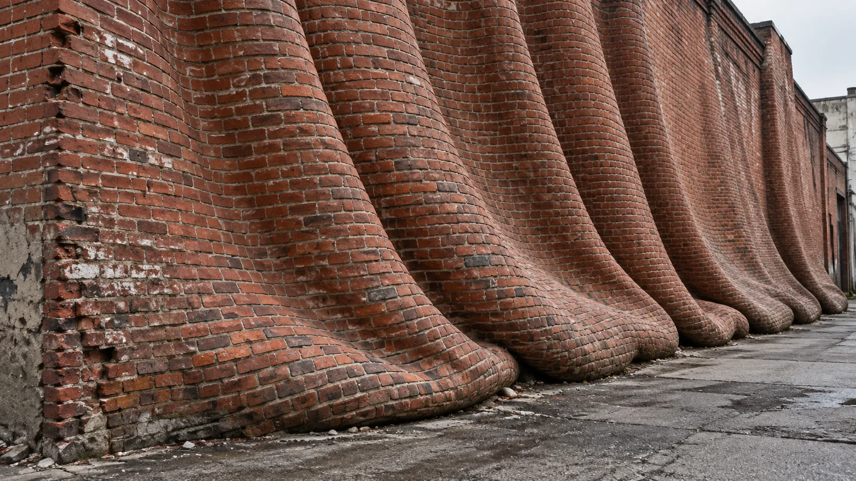 A long red-brick warehouse wall sags at the bottom into soft, heavy folds like a curtain, every brick still in place. Structurally, it has let itself go.
