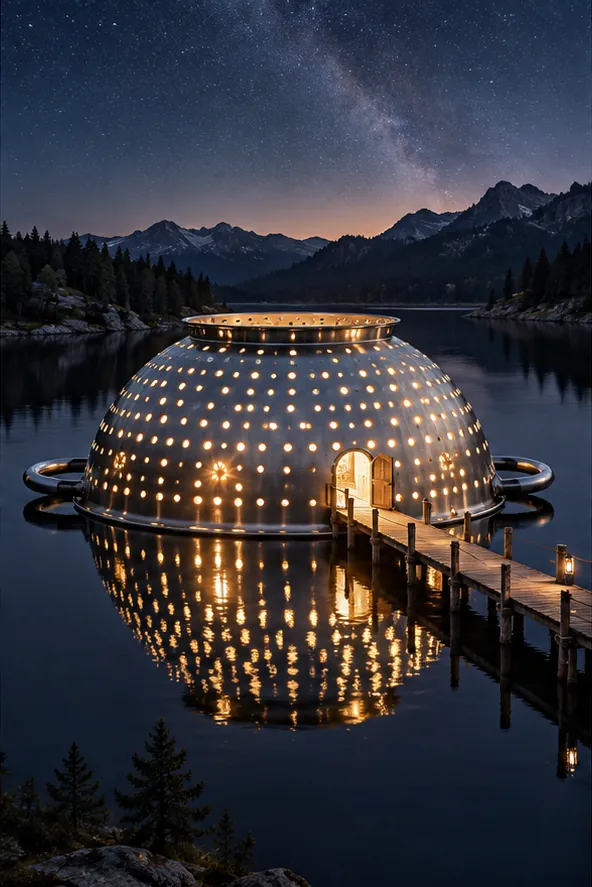A metal colander becomes a domed restaurant on a mountain lake at night, light pouring out through every hole.