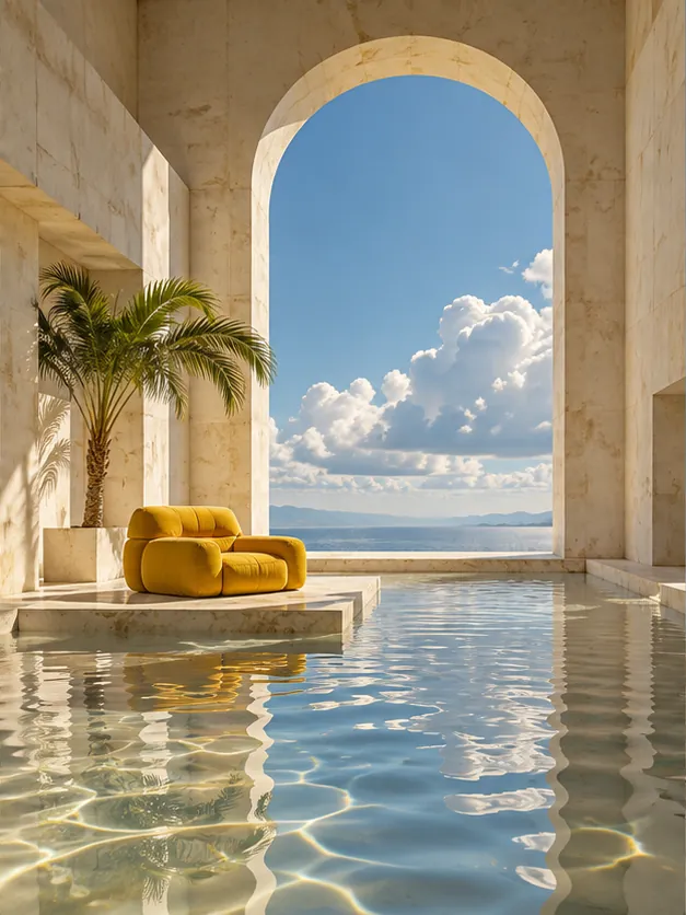 A yellow armchair, a room open to the sky, and a floor that forgot it was supposed to be solid.