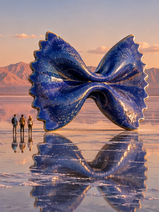 A glossy blue farfalle the size of a building on a mirror-flat salt flat at sunset. Three visitors keep a respectful distance.