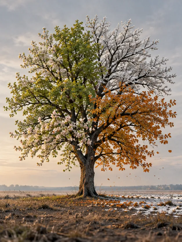 A lone tree on a plain is in blossom on one side, green in the middle and orange with autumn on the other, with a dusting of snow at its foot.