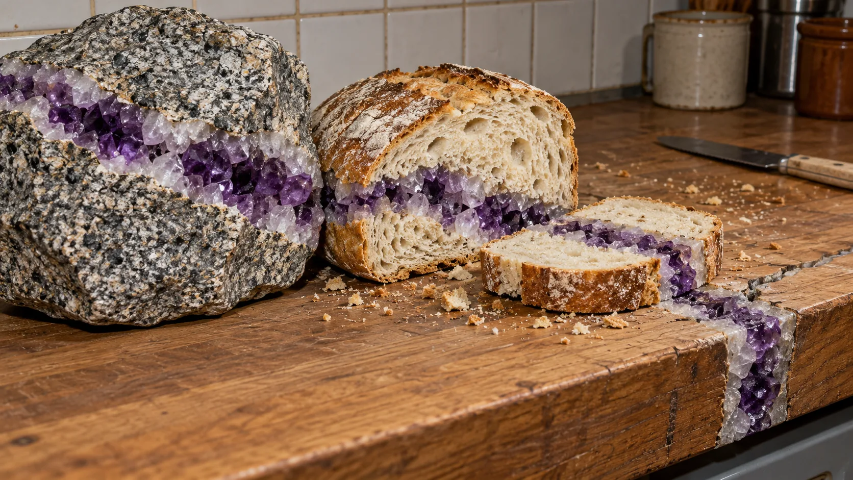 A purple amethyst seam runs without a break through a granite rock, a loaf of bread, its slices and the wooden counter under them. Nobody has asked the bread knife what happened.