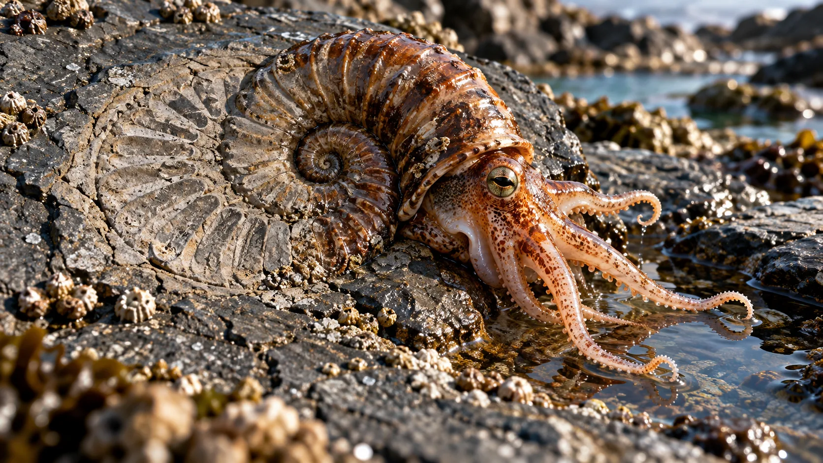 On a wet rock shore, a fossil ammonite peels itself out of the shale as a living, orange-tentacled creature, leaving its print behind. It looks a little stiff.