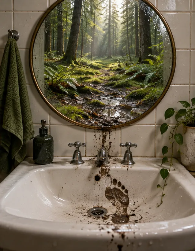 A round bathroom mirror shows a sunlit forest path instead of the room, and muddy bare footprints lead down into the white sink below.