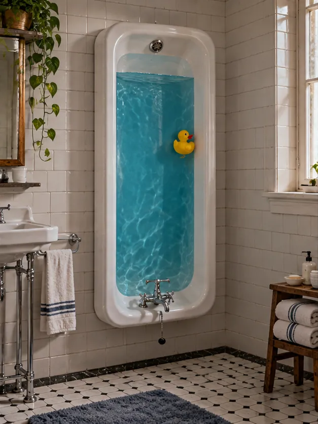 A white bathtub is mounted upright on a tiled bathroom wall, full of blue water and a rubber duck that hasn't noticed. Plumbing has opinions about this.