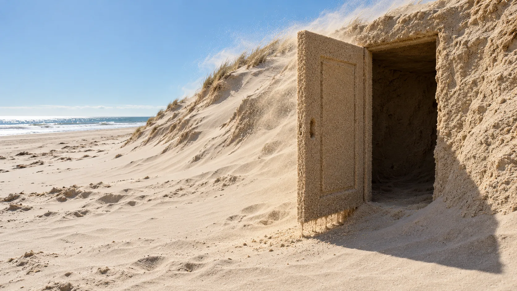 A sand-coloured door stands open in the side of a dune on an empty beach, onto a small room dug out of more sand. The wind has already been in.