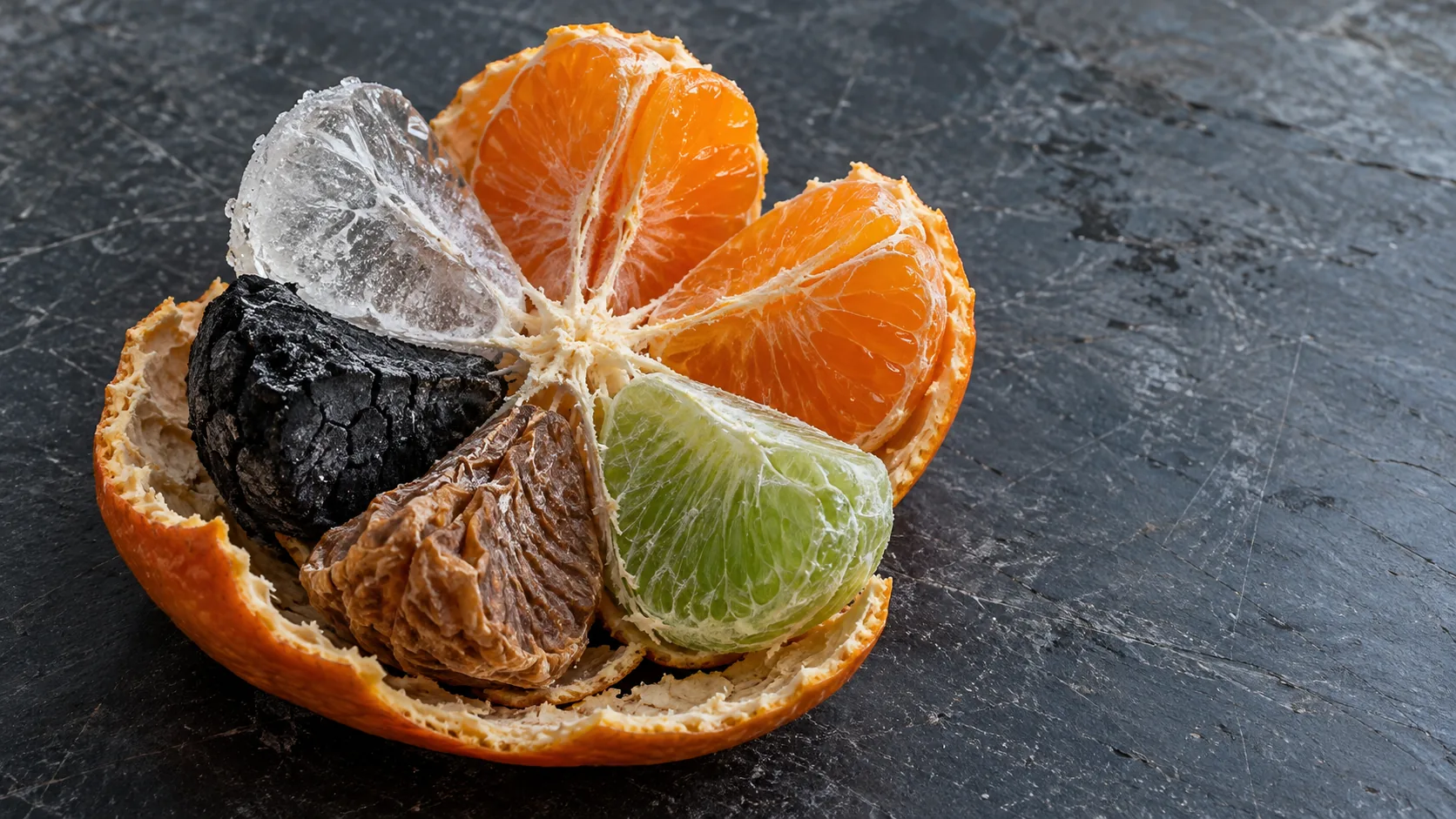 A peeled orange on slate opens to segments that are each something else: one glass, one charred black, one dried, one lime green, the rest plain orange. One fruit, several possible afternoons.
