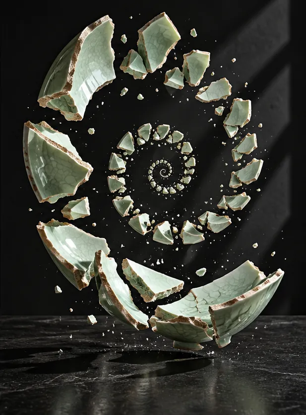 A pale green bowl shatters into pieces that arrange themselves in a perfect spiral above a dark stone floor.