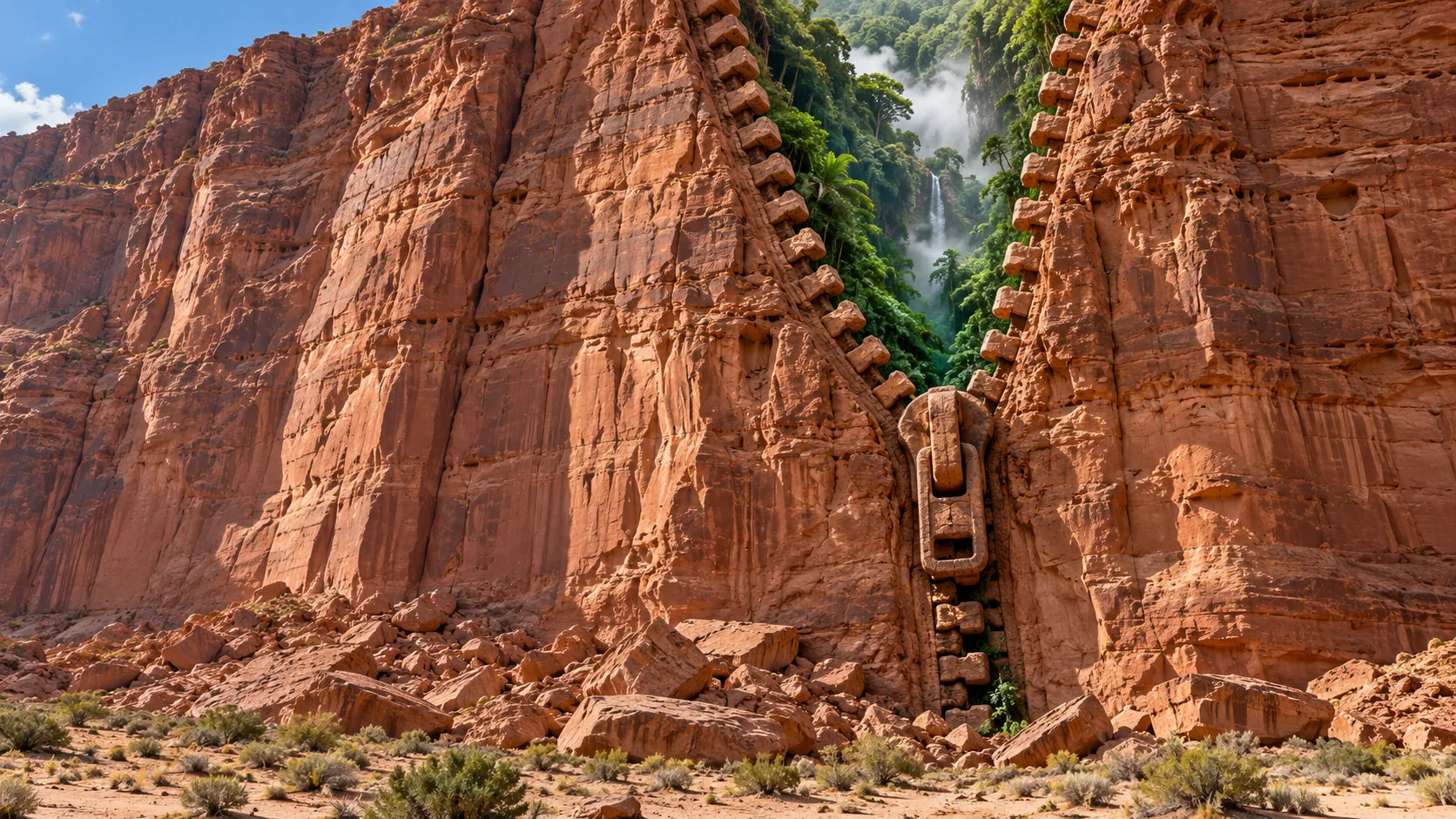 A towering red sandstone cliff is split by a giant stone zipper, half undone, with a misty green jungle and a waterfall showing through the gap. Someone left the desert open.