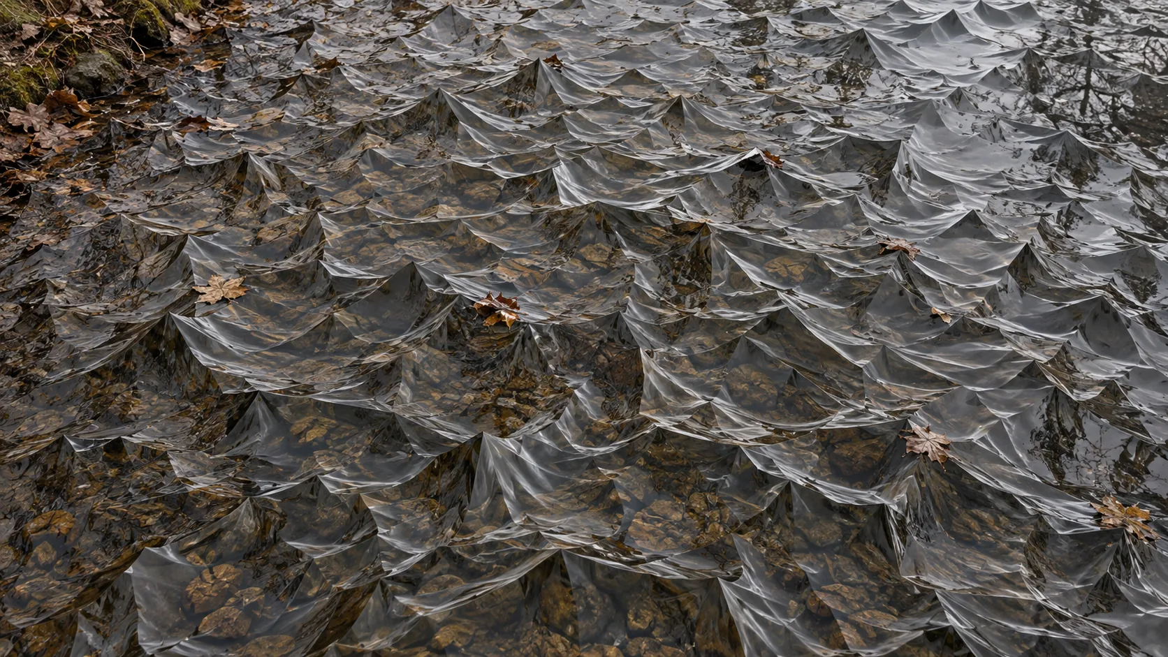 The surface of a leaf-strewn woodland pond stands up in hundreds of sharp little peaks, like stiff plastic film. It is cold, or it is nervous.