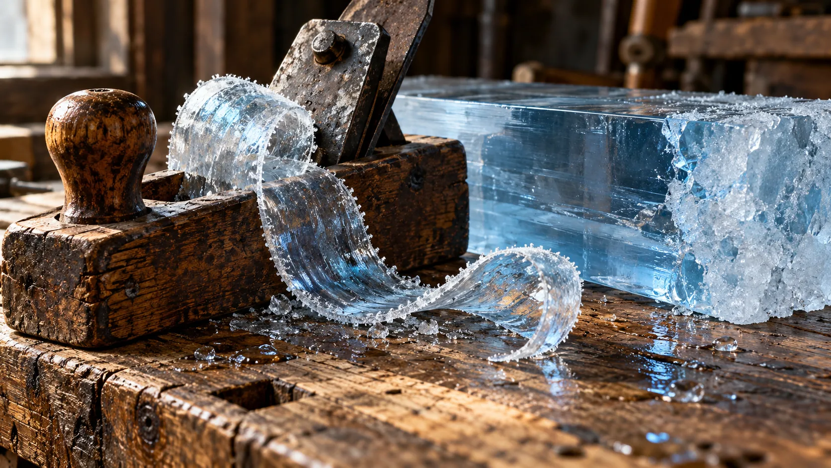 An old wooden hand plane on a scarred workbench curls a long, clear shaving off a block of blue ice. The grain runs whichever way it likes.