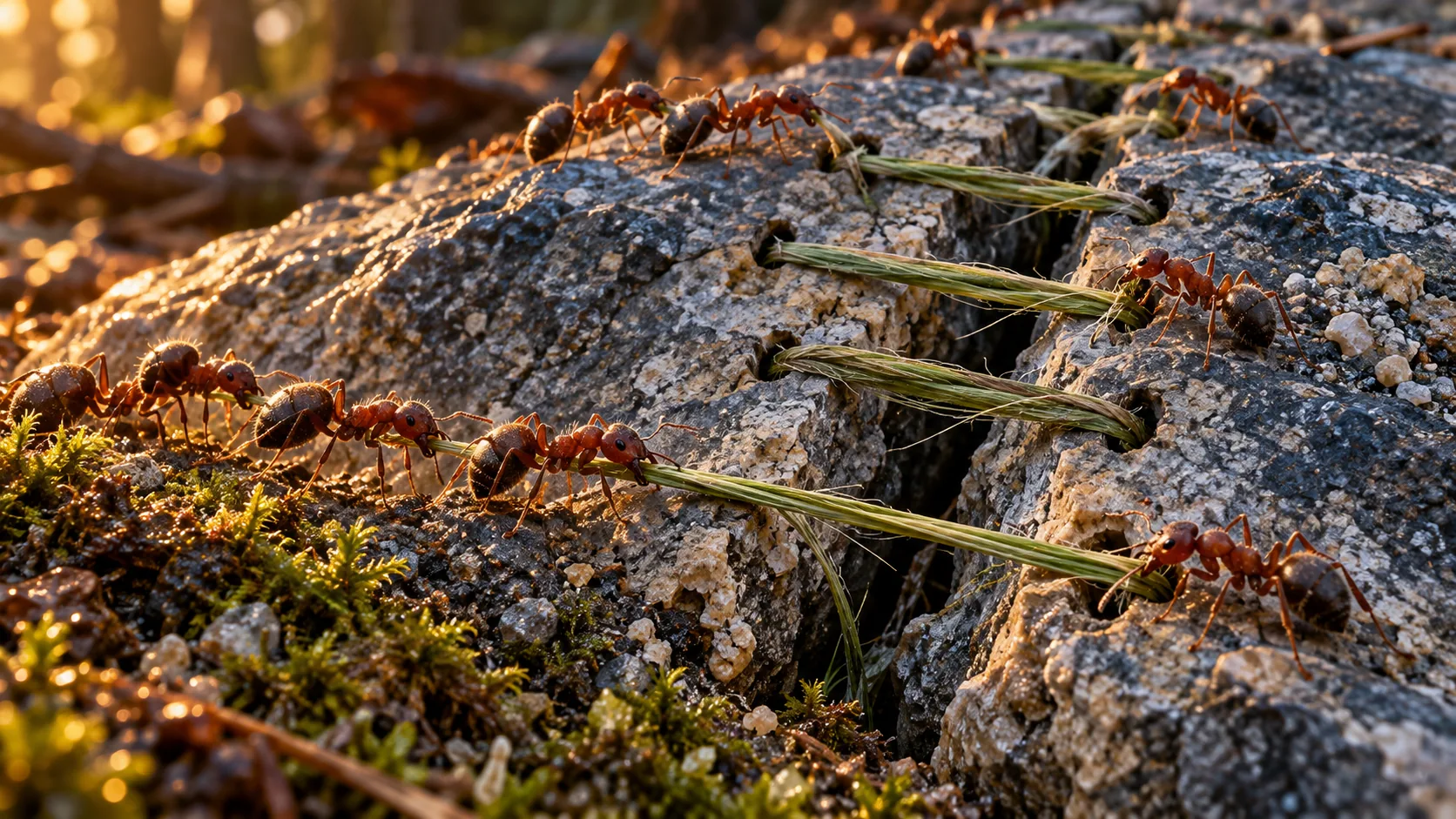 Red ants march over a lichen-spotted boulder, pulling long grass stems through holes on either side of a crack like stitches. The rock should be fine in a week.