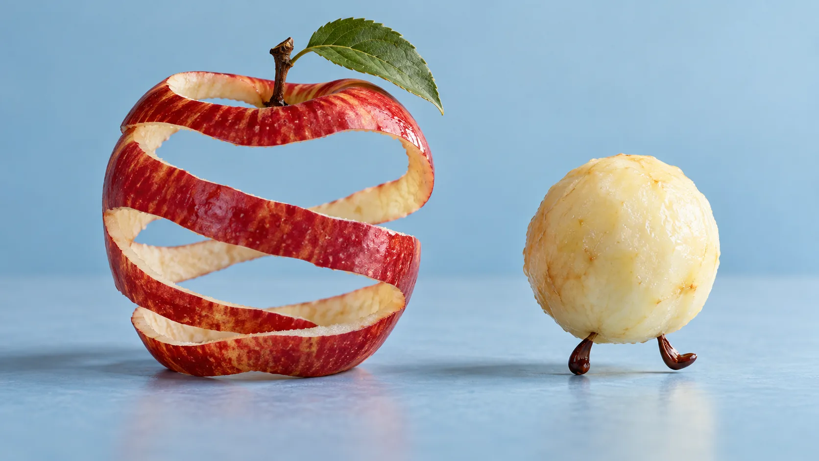 A red apple's peel stands in a perfect empty spiral while the peeled white flesh walks off on two little stalk legs. The peel is taking it well.