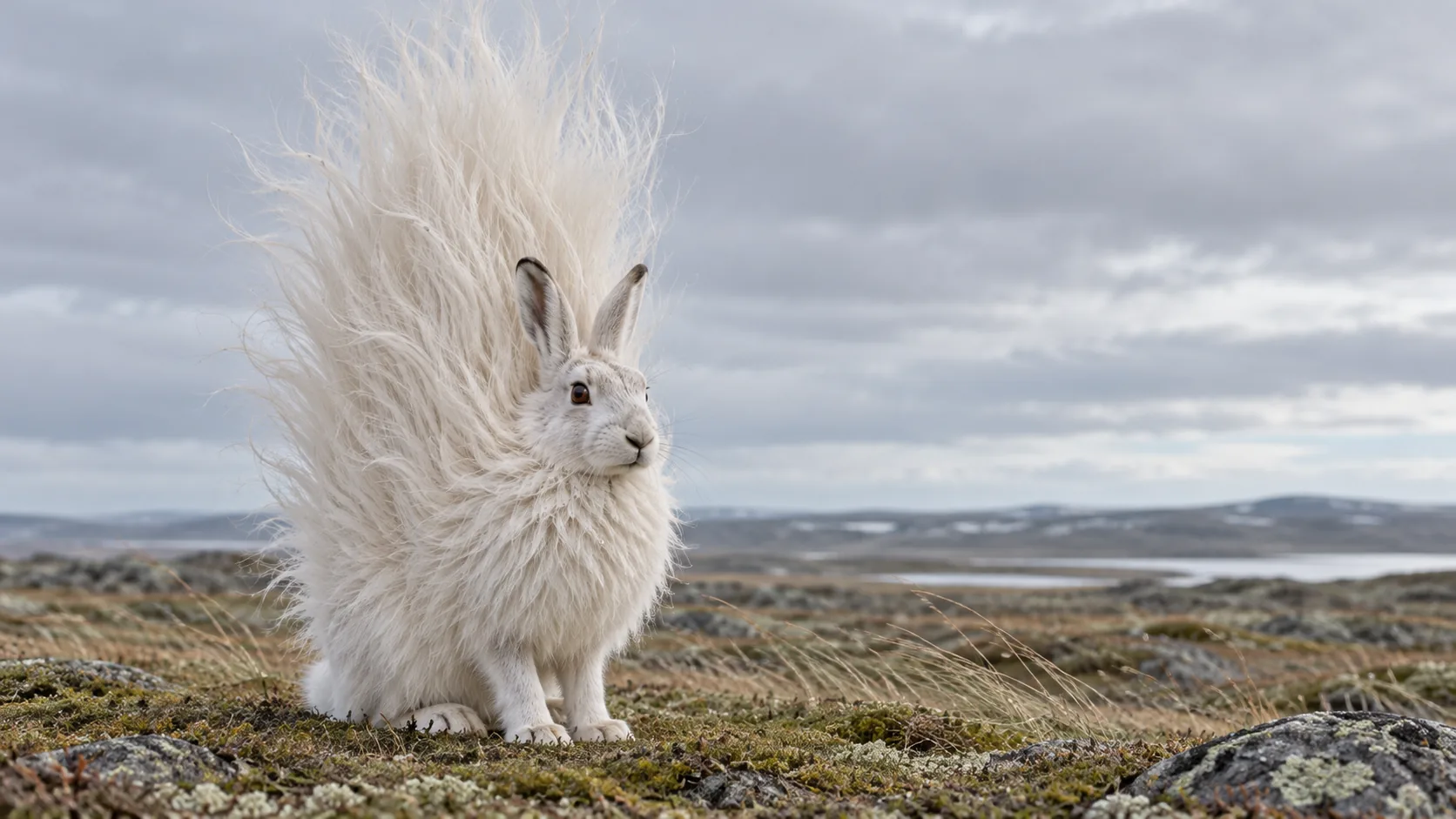 A white hare sits on the tundra with all its fur standing up and back in an enormous wild plume, several times its own size. The wind has opinions.