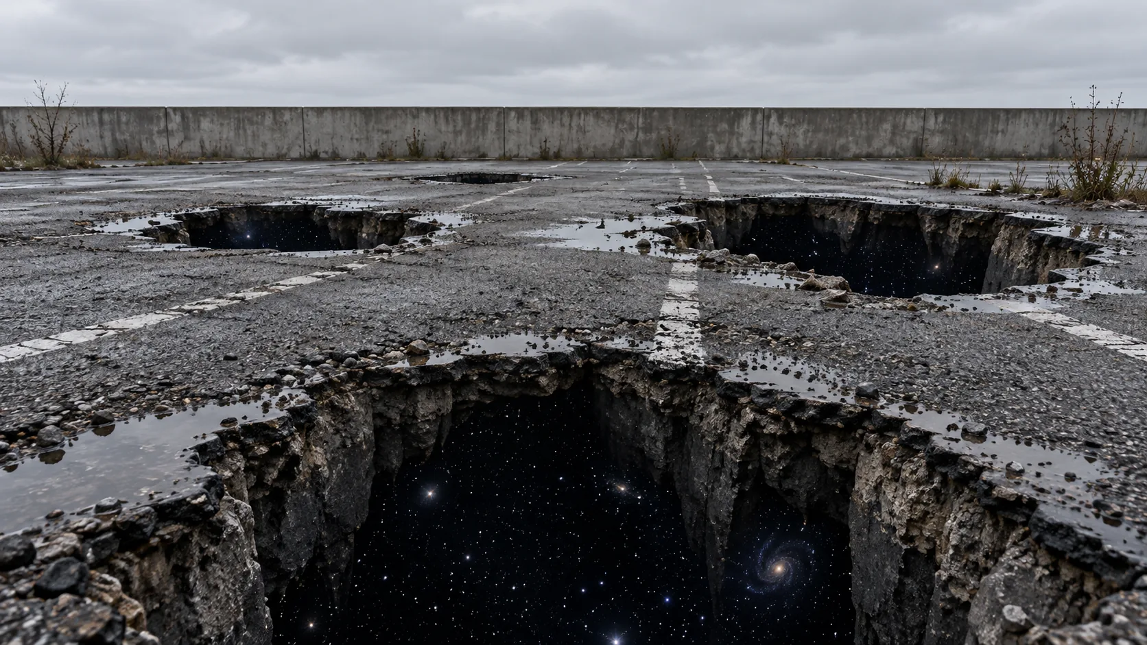 An empty car park is full of deep potholes, and at the bottom of each one is starry space with a spiral galaxy. Parking is still not advised.