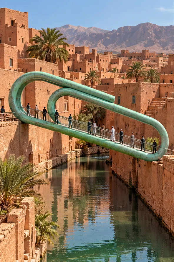 A giant green paperclip doubles as a footbridge over a canal in a desert town. Commuters cross without a second look.