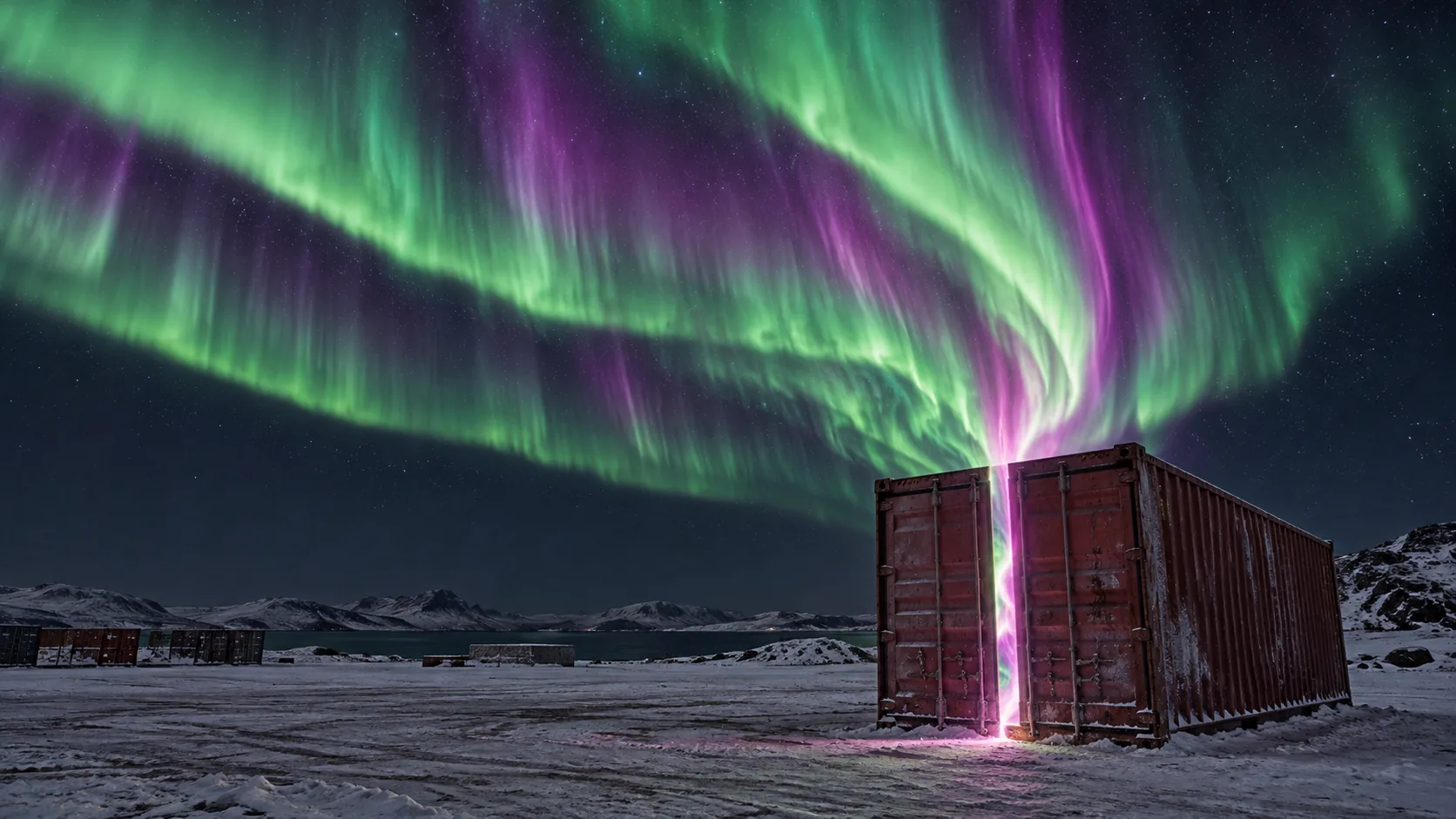 On a snowy plain at night, the northern lights pour out through the doors of a rusty shipping container and up across the whole sky. Somebody will have to sign for this.