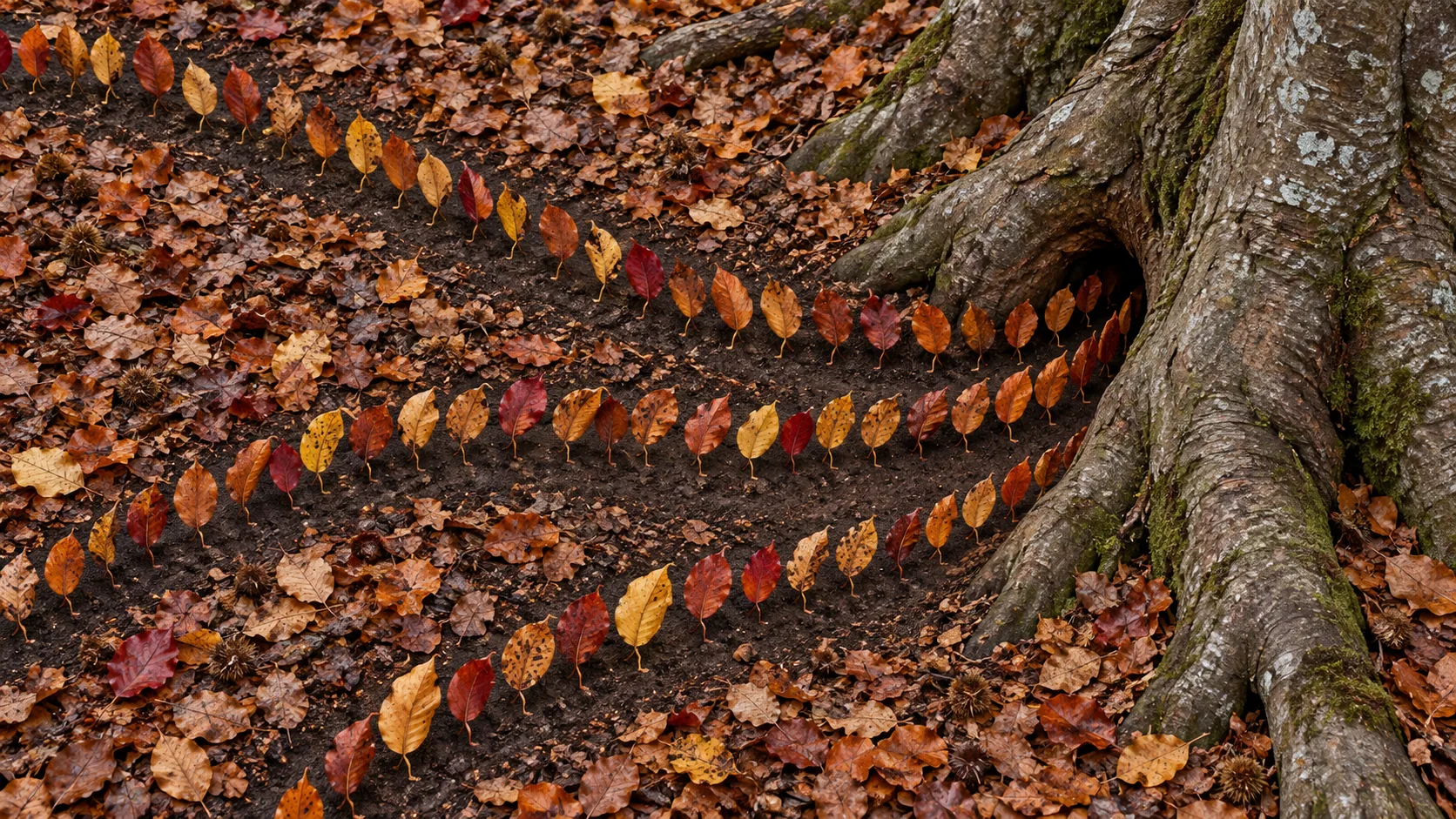 On a forest floor of fallen leaves, three neat single-file lines of leaves curve up to the roots of an old tree. They appear to be waiting their turn.
