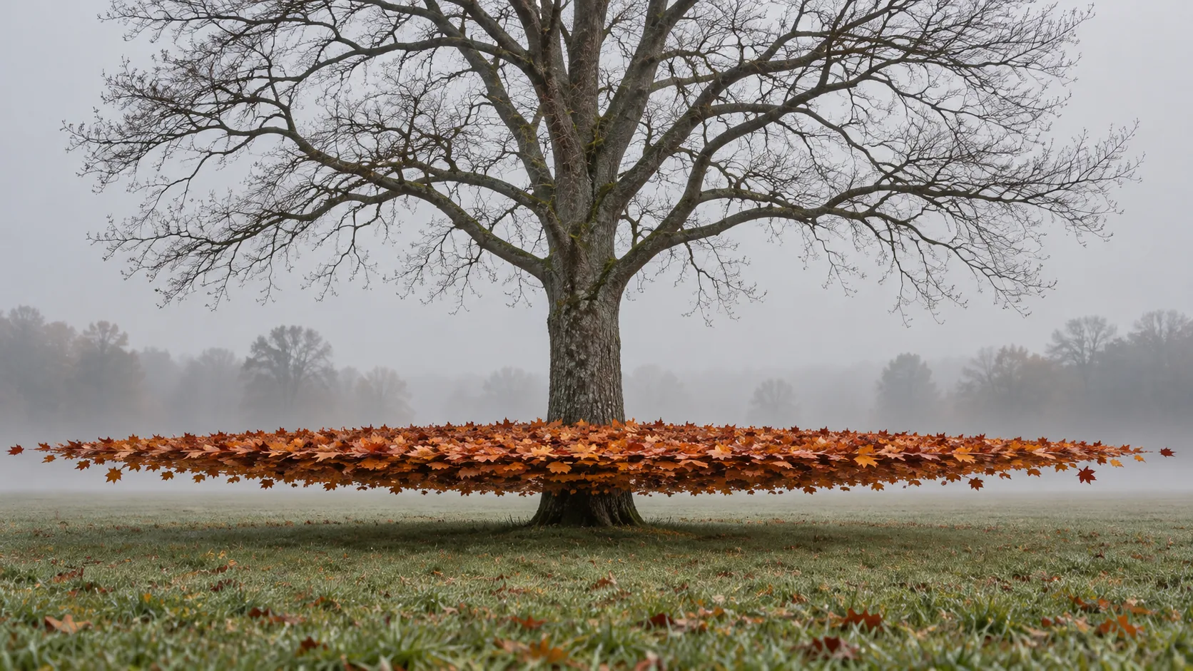 A bare tree in a misty field wears a flat ring of orange leaves hovering at waist height around its trunk. Autumn happened, gravity just hasn't been told.