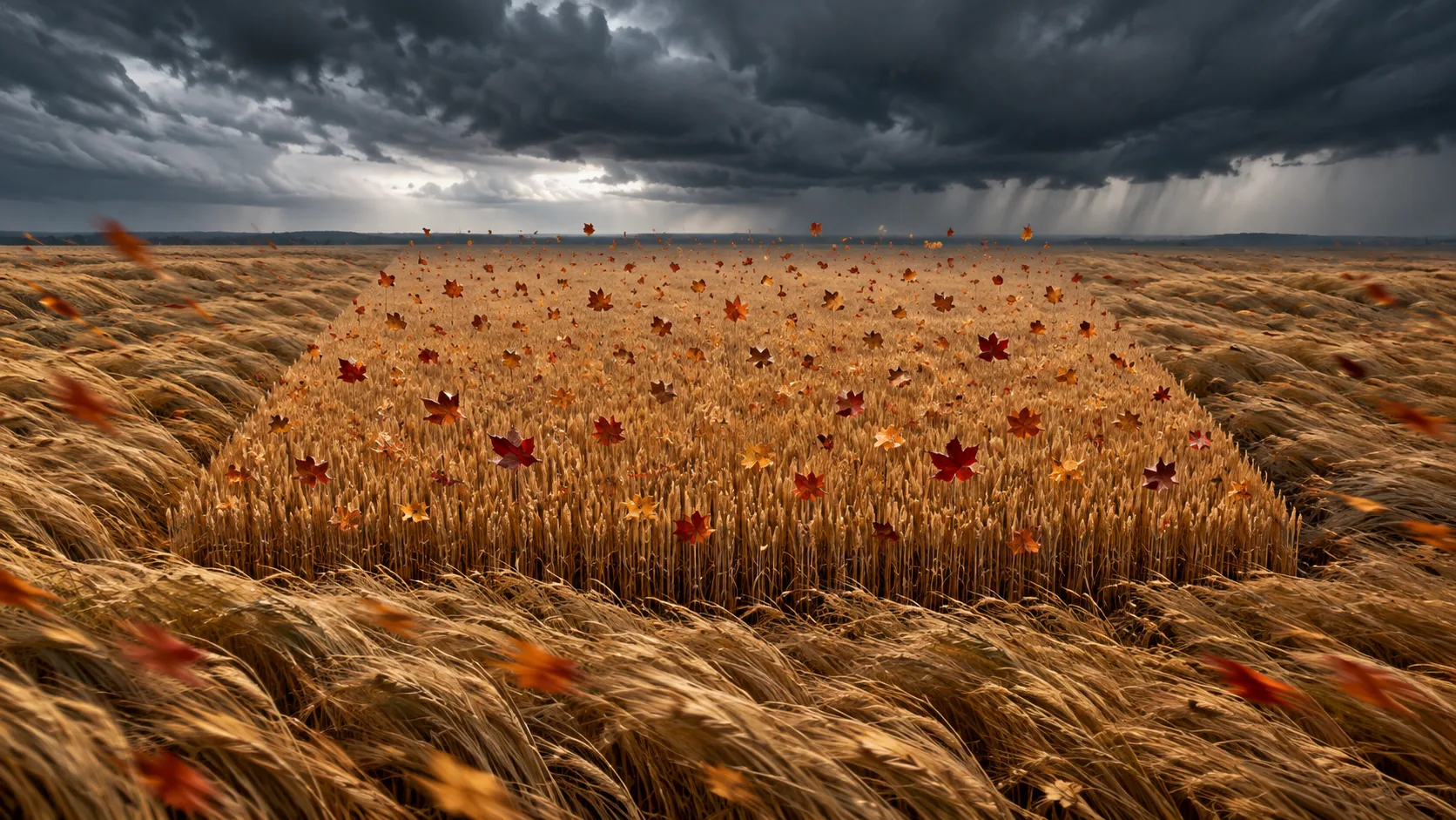 In a wheat field flattened by a storm, one perfect square stands upright and calm, sprinkled with red leaves. The weather is happening everywhere else.