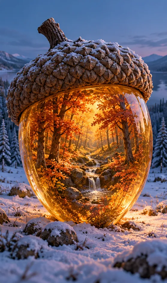 A glass acorn in the snow holds a glowing autumn forest with a little waterfall. Keep it in the shell.